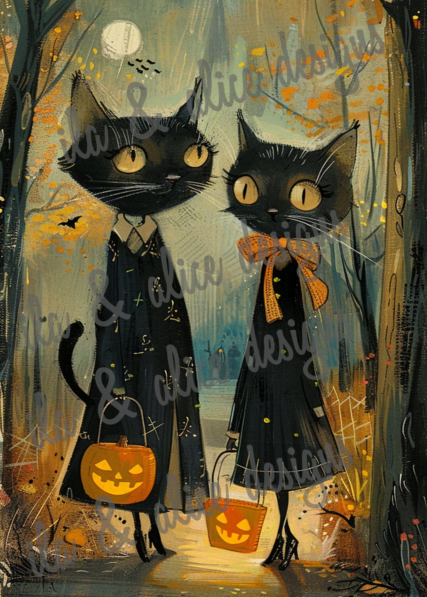 Black Cats Going Trick or Treating Halloween Postcards Post Cards ila & alice 