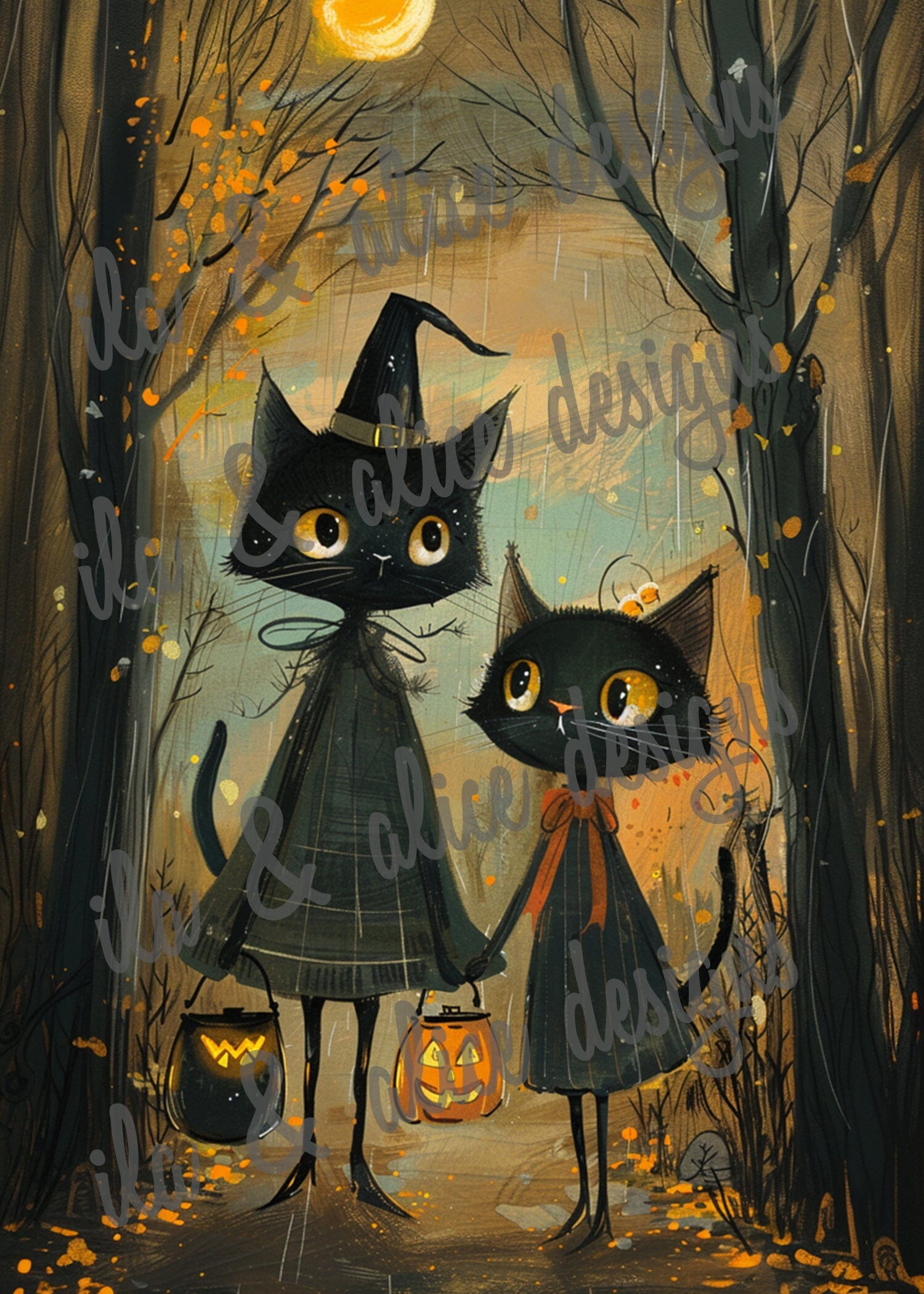 Black Cats Going Trick or Treating Halloween Postcards Post Cards ila & alice 