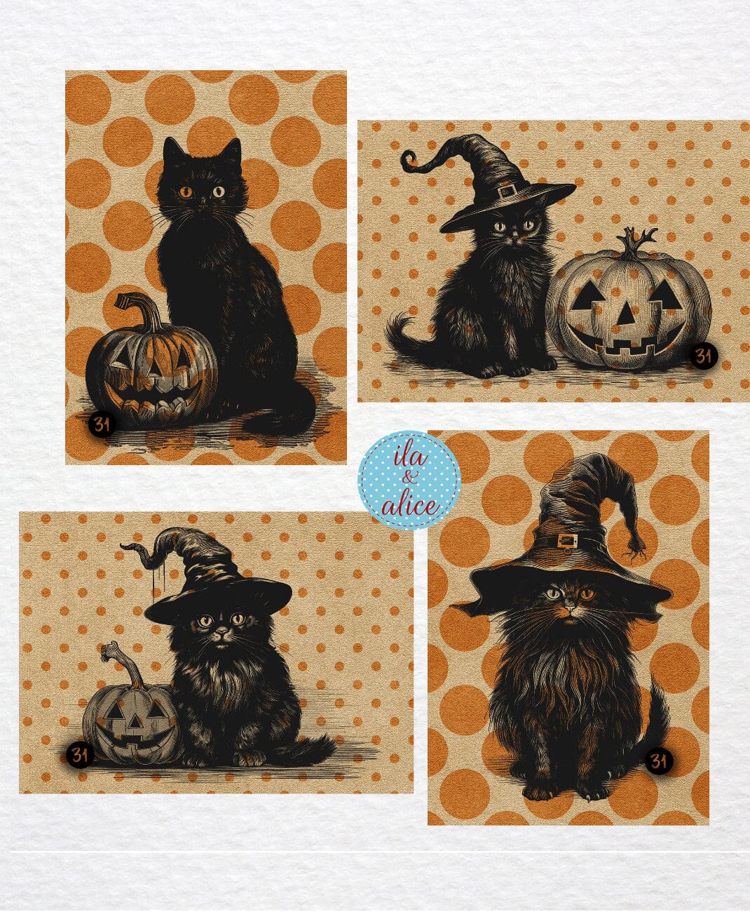 Black Cats and Orange Polka Dots Halloween Postcards Post Cards ila & alice 